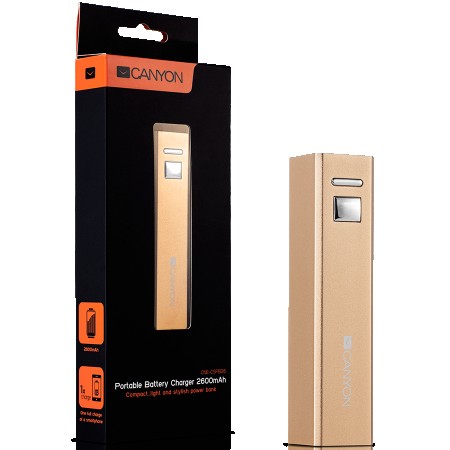 CANYON CNE-CSPB26GO Aluminium compact battery charger. Color: golden, Capacity: 2600mAh, Output: DC5V 1A, Input: DC5V 1A Output Charging: 1