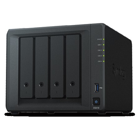 Synology DiskStation DS418, Tower, 4-bays 3.5 SATA HDDSSD, CPU 4-core 1.4 GHz; 2GB DDR4 non-ECC; 2x RJ-45 1GbE LAN Port; 2x USB 3.0; 2.28 k