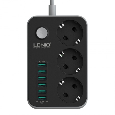 LDNIO SE3631 3 EU Plug + 6 USB plug Max 2500W 1.6M Black ( 6173 )